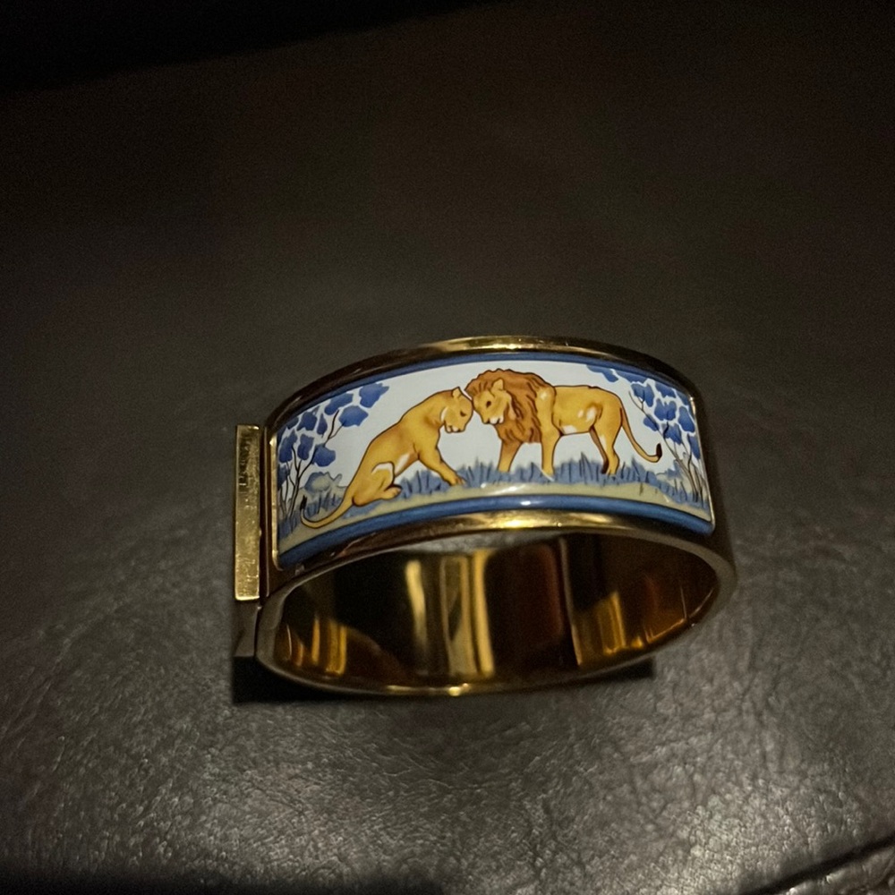 HERMES Gold Tone Lion and Lioness Enamel Wide Bangle Bracelet